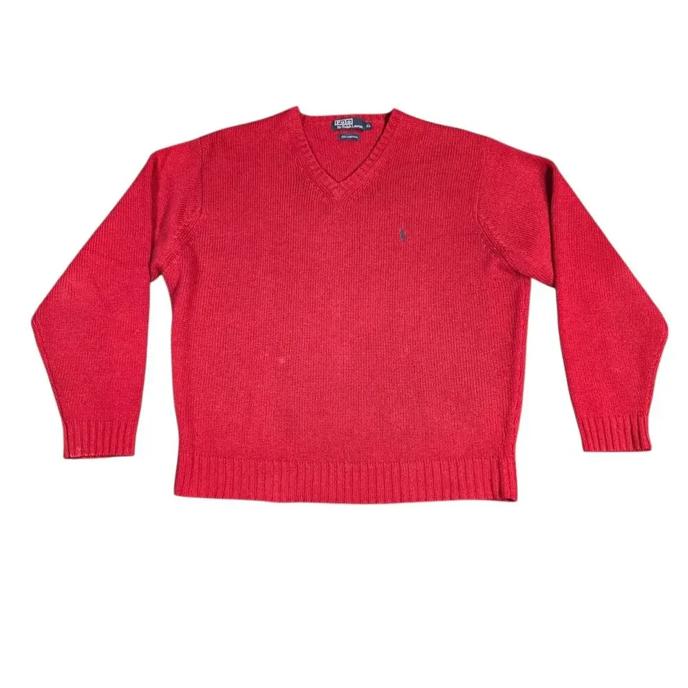 Vintage‎ Polo By Ralph Lauren Sweater Mens XL Red Lambs Wool V Neck Grandpa